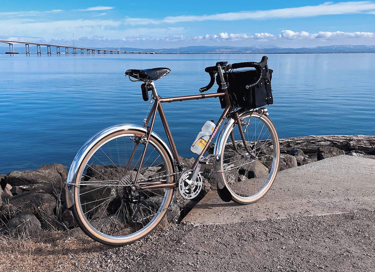 Bicycle in front of the San Mateo Bridge